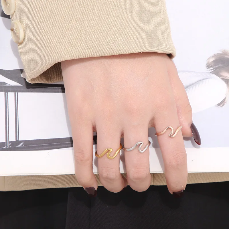 Stainless Steel Wave Rings For Women Men Simple Design Sea Wave Shape Size 5-10