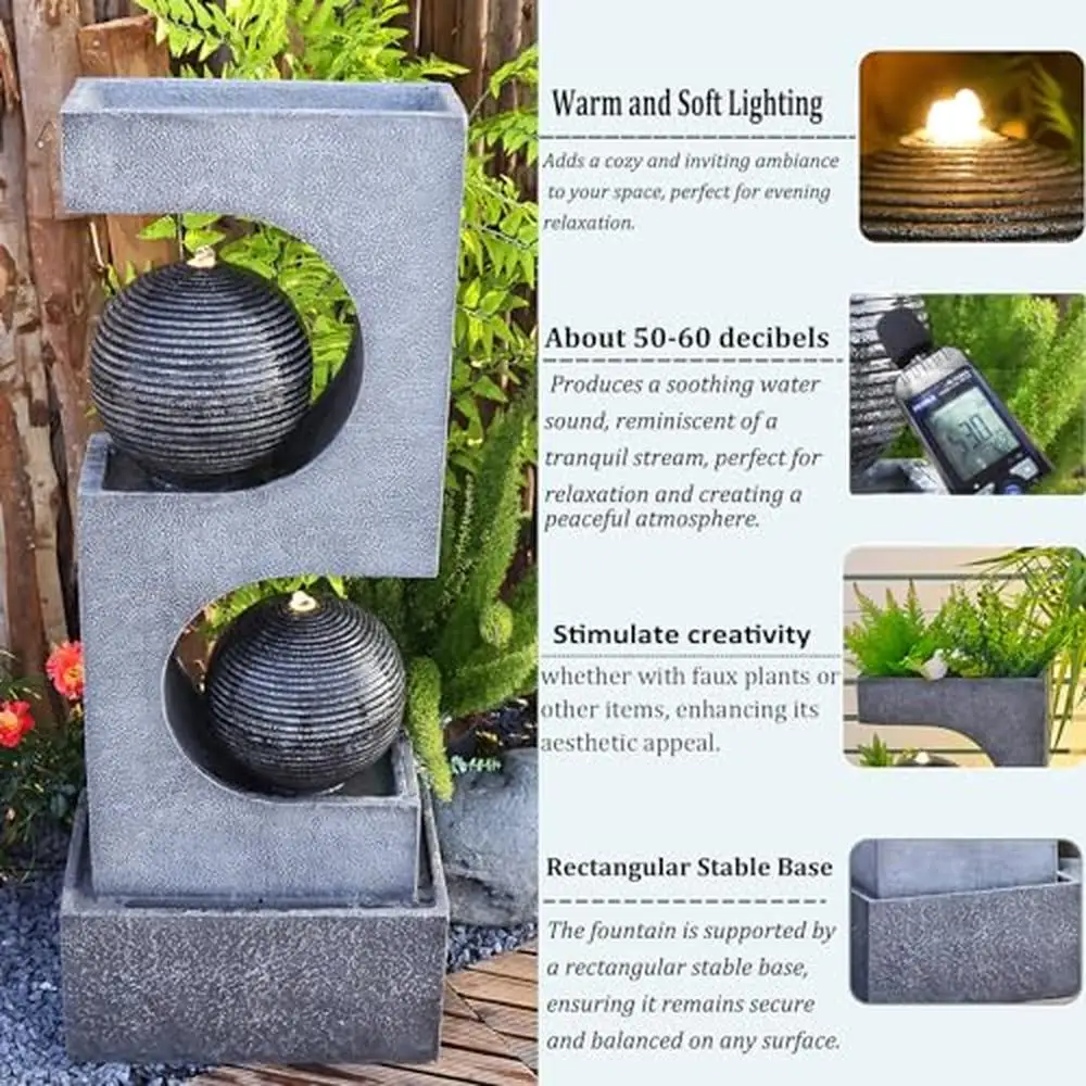 Large Outdoor Water Fountain and Waterfalls with LED Lights Sphere Garden Fountains Durable Resin Construction Tranquil Outdoor