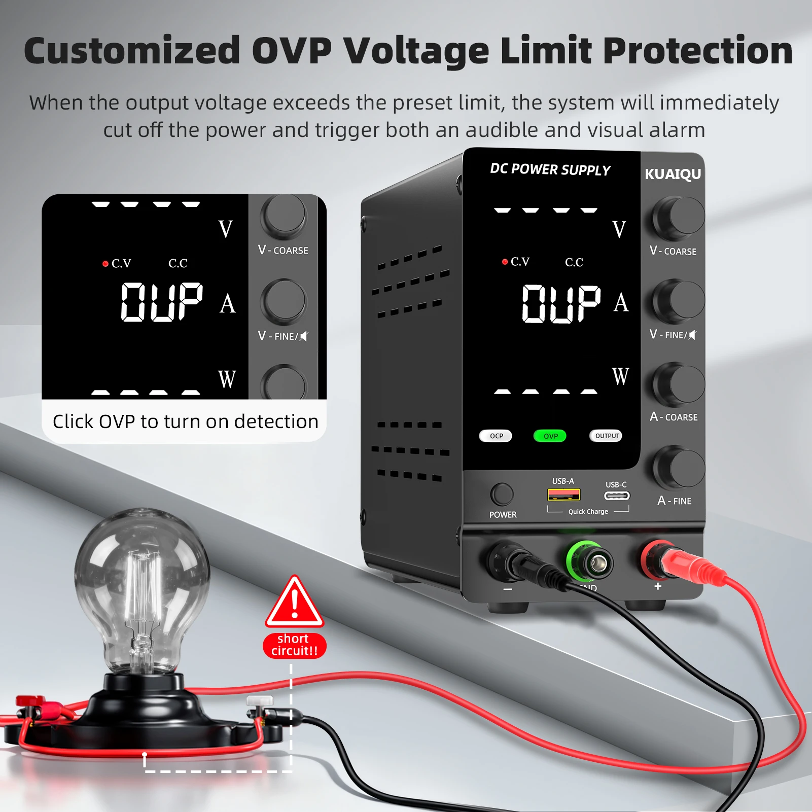 KUAIQU 조정 가능한 실험실 전원 공급 장치 30V 60V 120V, OCP/OVP/출력/엔코더 기능이 있는 DC 스위칭 조정형 벤치 전원 공급 장치