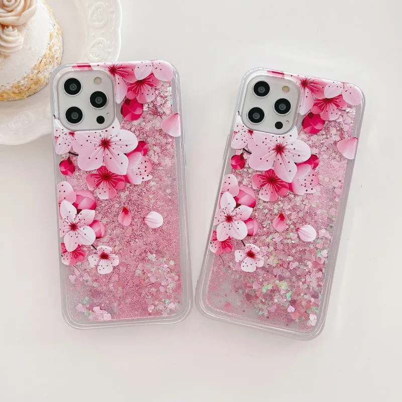 Glitter Liquid Pink Flower Quicksand Dynamic Clear TPU Back Phone Case