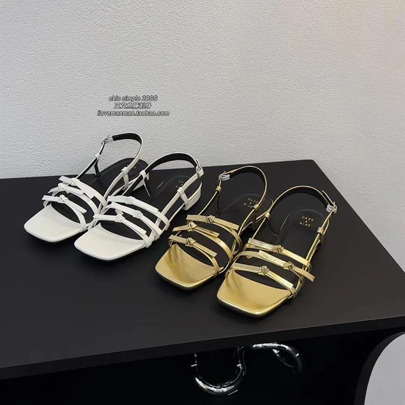 

Summer Fashion Women's Sandals Narrow Strap Flat Bottom Low Heel Shallow Mouth Simple Casual Buckle Strap Bow Sandals Size 35-39