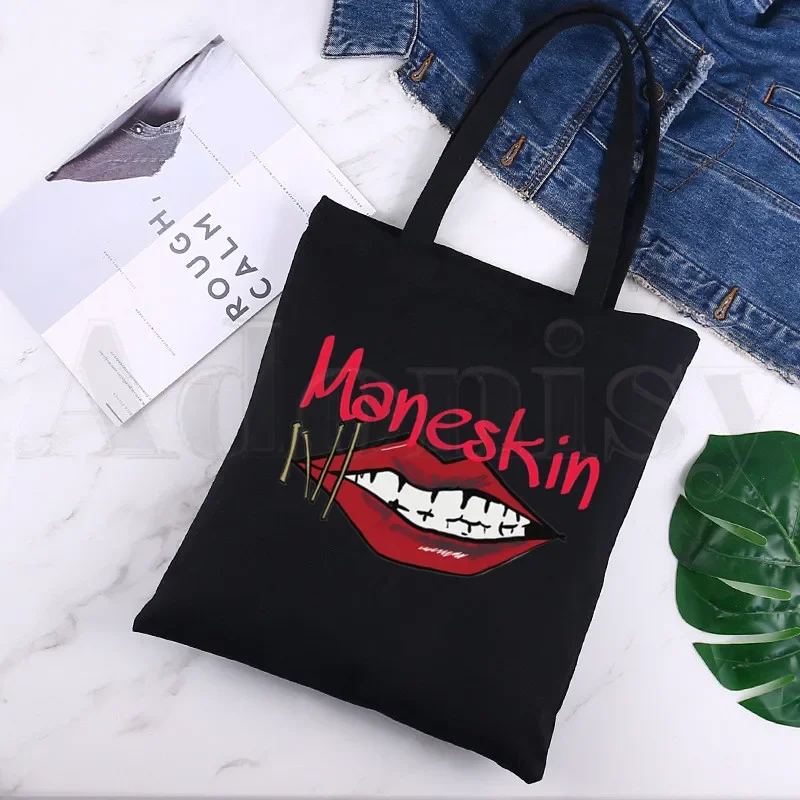 

Maneskin Print Canvas Tote Black Bags Harajuku Casual Female Girl Holiday Street Graffiti Tote Eco Shopper Shoulder Bags