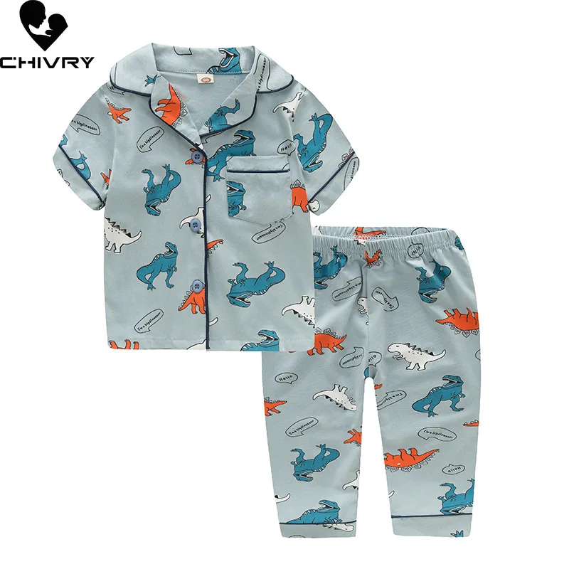 

New 2022 Kids Boys Girls Pajamas Fashion Cartoon Short Sleeve Lapel Shirt Tops with Pants Baby Summer Loose Sleeping Homewear