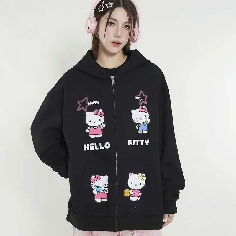 

Кавайная толстовка с капюшоном Hello Kitty Y2K Sanrio из мультфильма аниме, утепленная, сохраняющая тепло, Свободный кардиган, пальто в американском стиле ретро