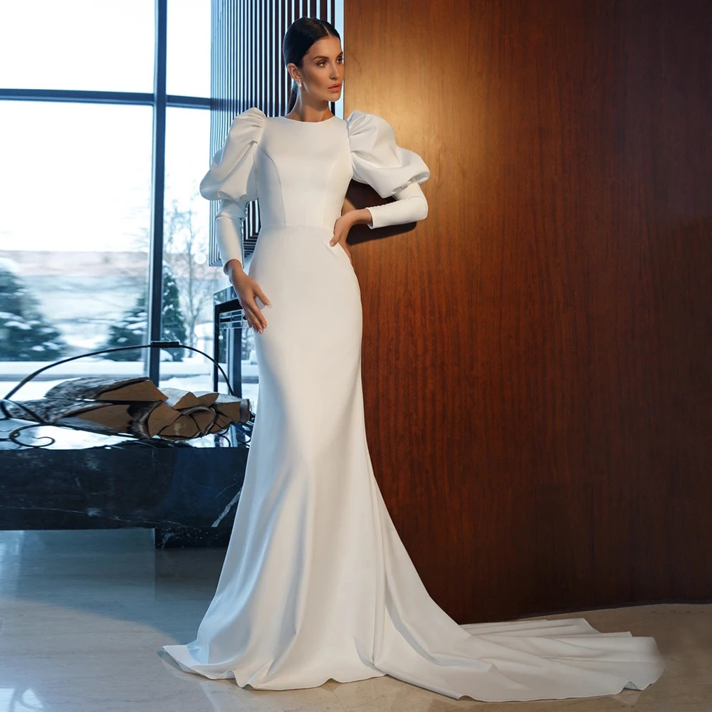 

Modest Trumpet Wedding Dress For Bride Puff Sleeve Civil Bridal Gown Backless Scoop Neck Sweep Train Robe De Mariee Femme 2024