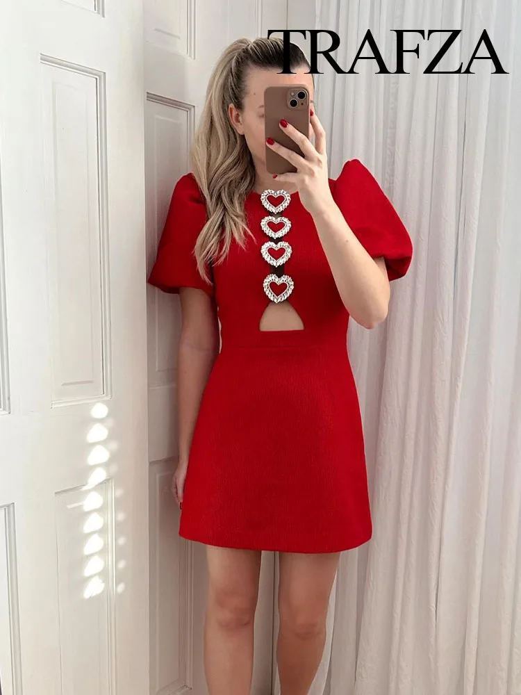 

TRAFZA Spring Fashion Love Metal Decorated Puff Sleeve Women's Mini Dress Retro Round Neck Hollow Slim Party Dress for Women