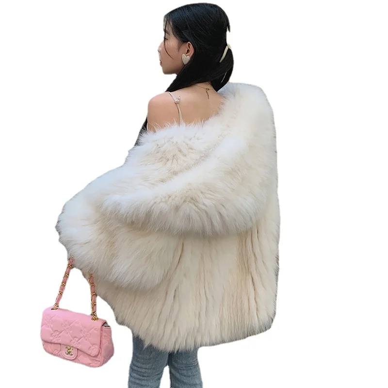 

New Winter Young Big White Bear Double-Sided Woven Fox Fur Fur Coat Women's Mid-Length Hooded