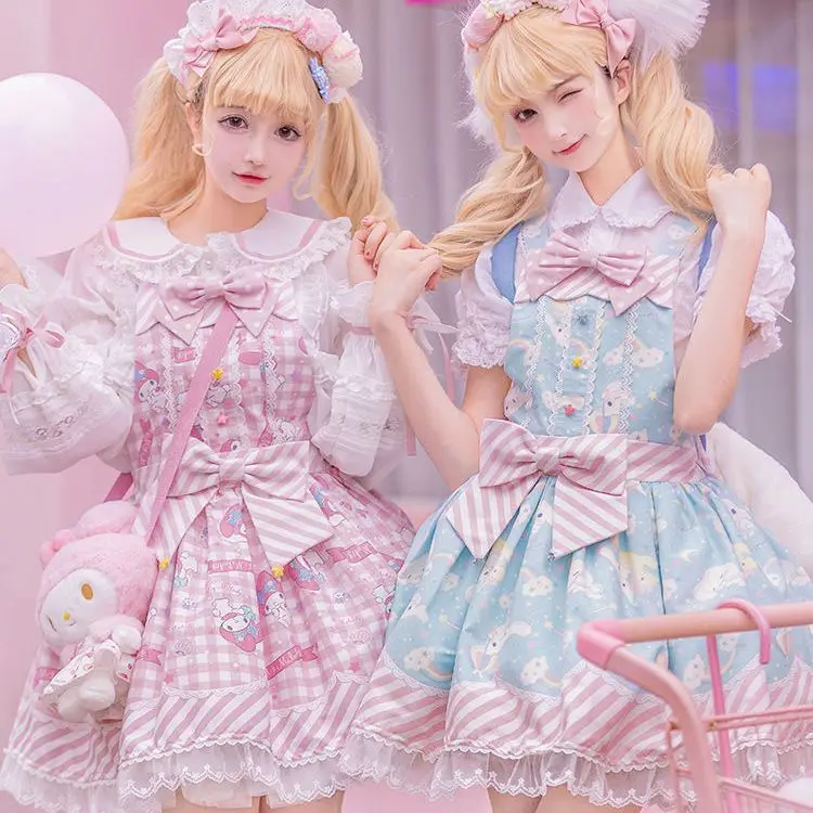 

Sanrio Kuromi Cinnamoroll My Melody Lolita Style Dress Ute Bow Lace Party Strap Dresses Girly Harajuku Kawaii Y2K Mini Vestidos