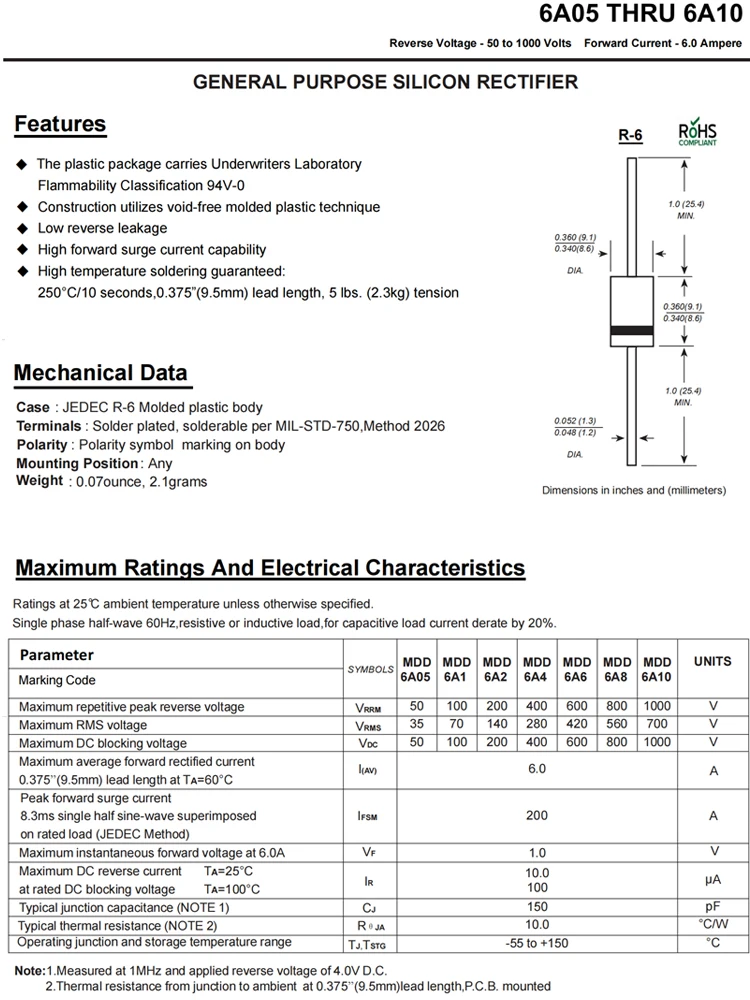 R-6 정류기 다이오드, 10 A10, 6A, 10A, 20A, 30A, 1000V, 2000V, 100 개