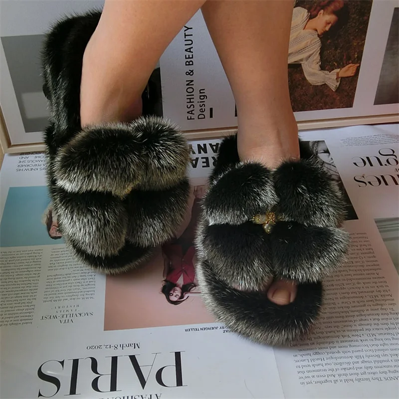 Fur Slippers Women's New Big Flower Fashion Mink Fur Sandals High Quality Outdoor Wear Design Fur Slippers