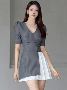 New Summer Work Style Formal Asymmetrical Short Dress Women Clothes Chic Elegant Office Commute V-Neck Slim Folds Mini Vestidos