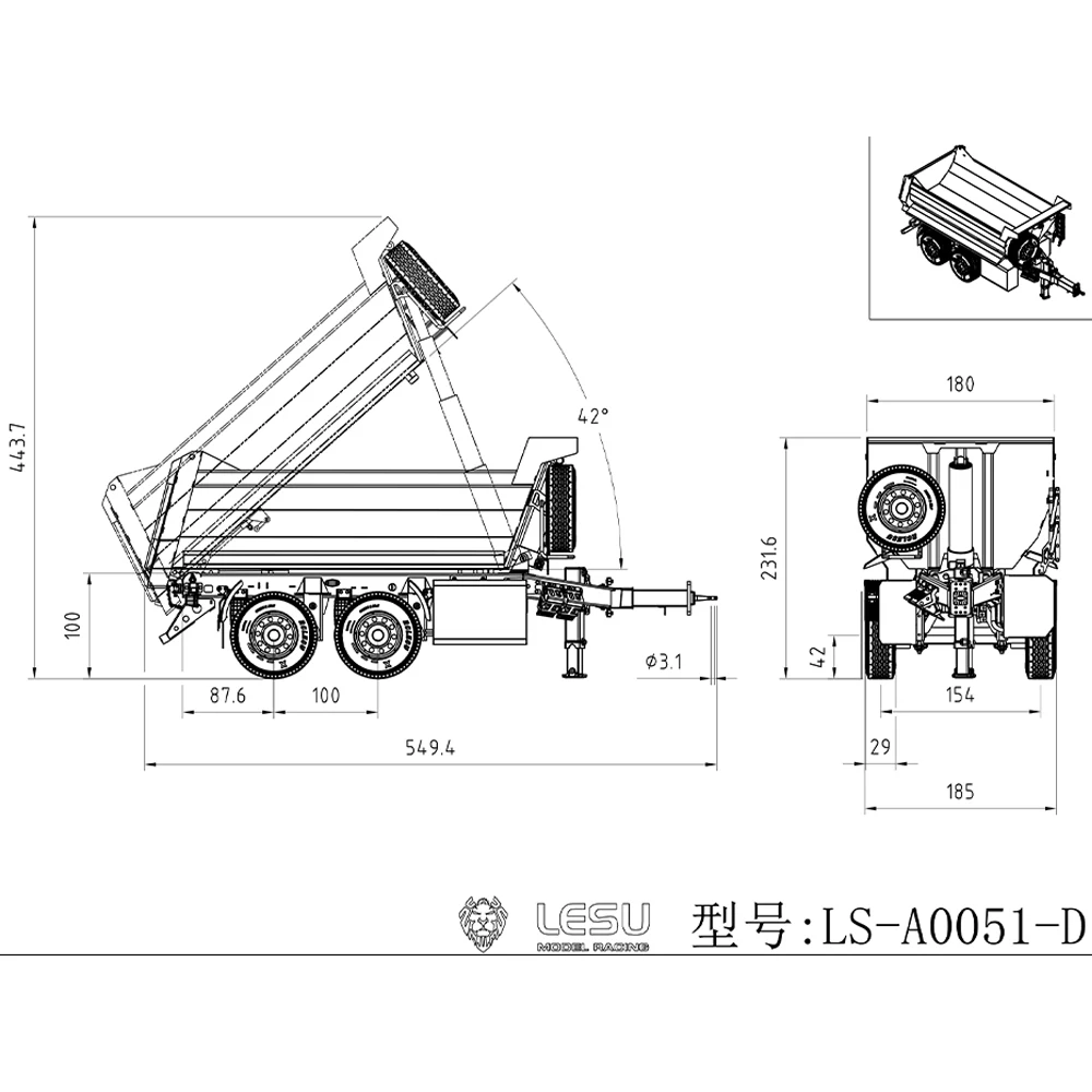 LESU 1/14 Self-dumping Full Trailer Metal 2 Axles Unpainted Trailers Model Parts For Remote Control Hydraulic Tractor Dump Truck 6