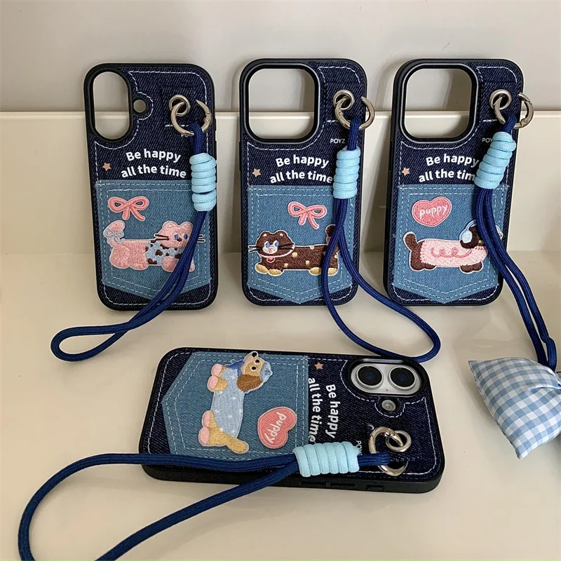 Korean Cute Cat Card Slot Phone Case with Hand Strap and Fashion Denim Cloth Design
