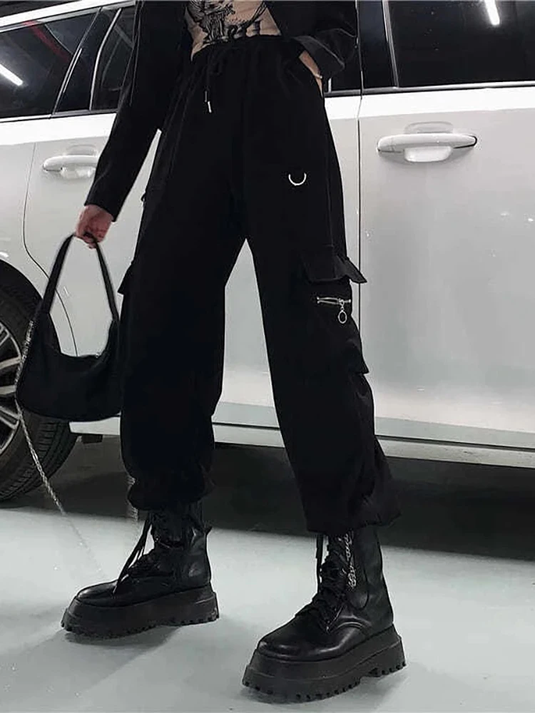 

Loose Casual Overalls Street Style Punk Black Sweatpants Women's Bunched Feet Korean Version Fashion Trousers Tide Gothic Dark
