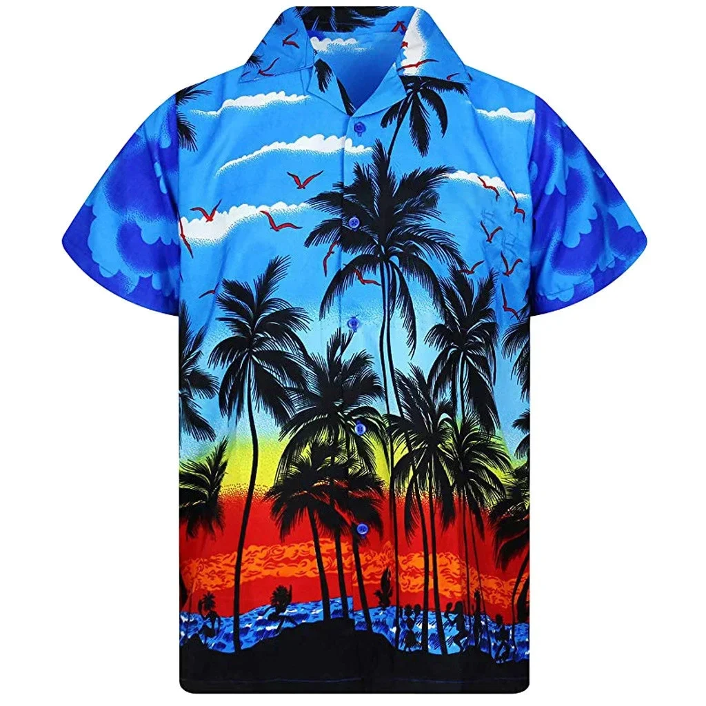 

Hawaiian palm tree 3D printed men's shirts, casual and fashionable short sleeved shirt, lapel button top, large unisex clothing
