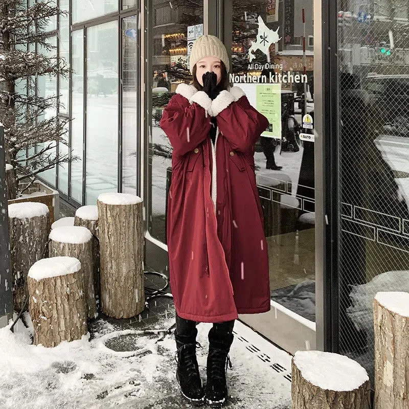 Lamb Wool Padded Female Korean Version Loose 2022 New Winter Long Plus Cashmere Parker Padded Clothing ins Tooling Female Coat X