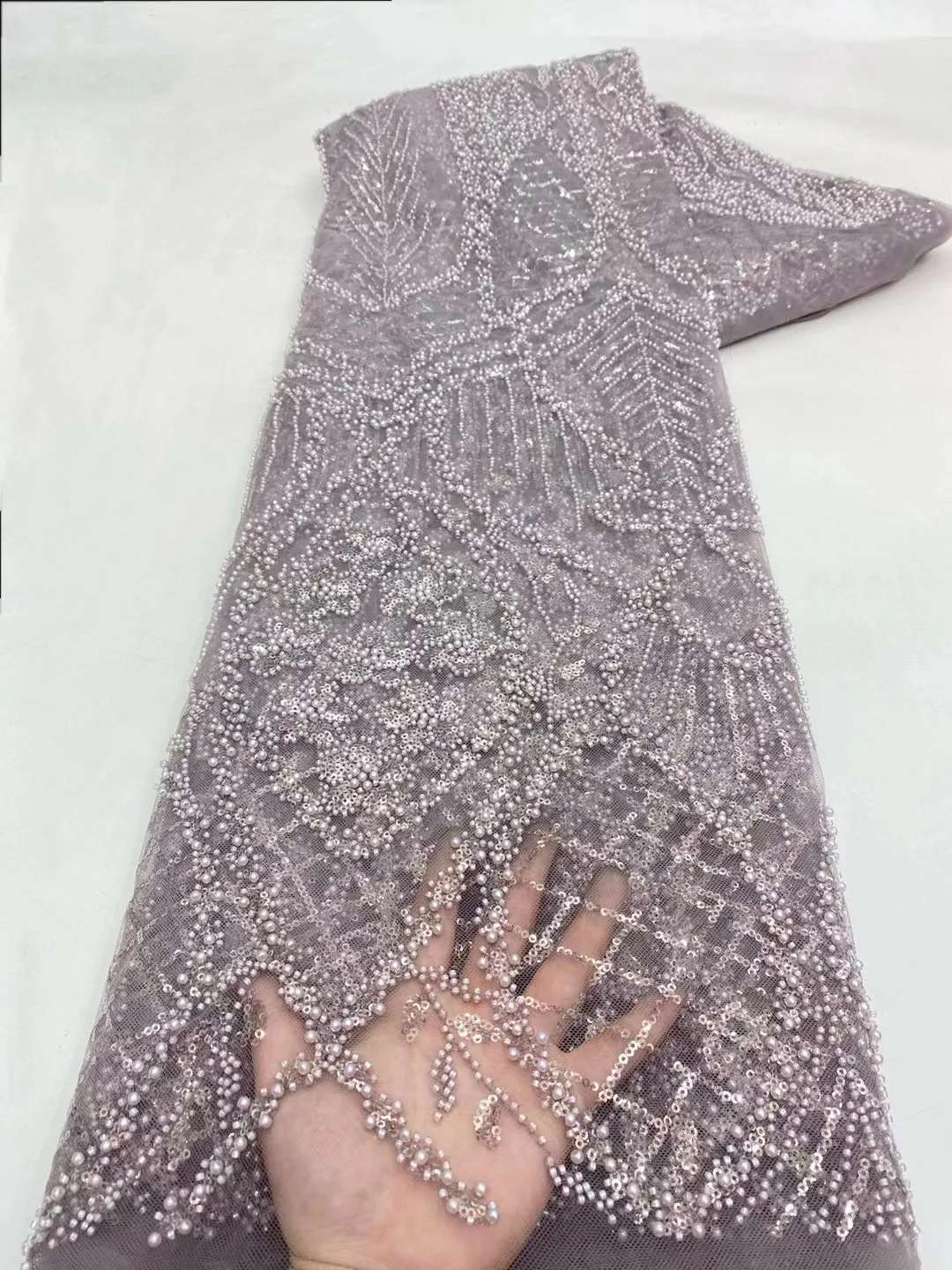 

African French Tulle Groom Beads Lace Fabric 5 Yards 2024 High Quality Nigerian Lace Fabric African Lace Fabric For Wedding