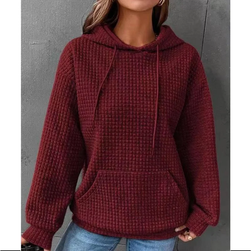 2023 Autumn Winter New Solid Color Hooded Drawstring Long Sleeve Sweatshirt Women Fashion Pocket All-match Waffler Pullovers