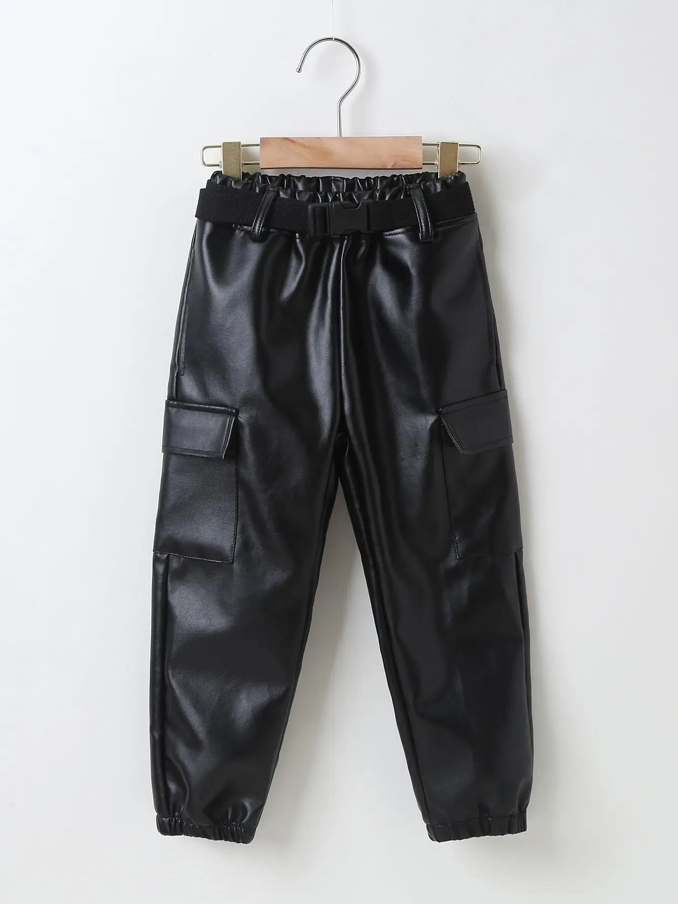 PU Leather Pants Clothing Elastic Waistband Solid Color Big Pockets For Children