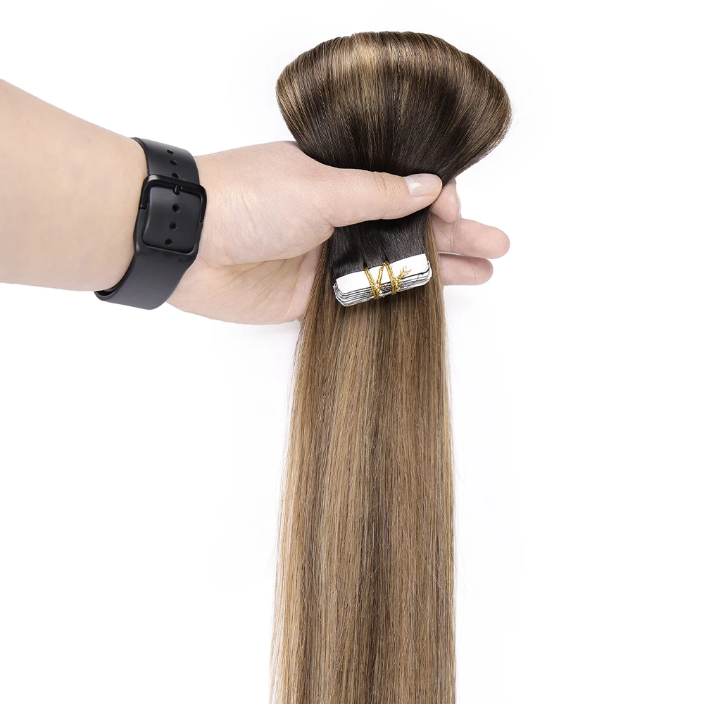 Highlight Brown Hair Tape In Hair Extension 20pcs/Pack Straight 100% Real Hair Tape In Human Hair Extension For Women 12-24 Inch