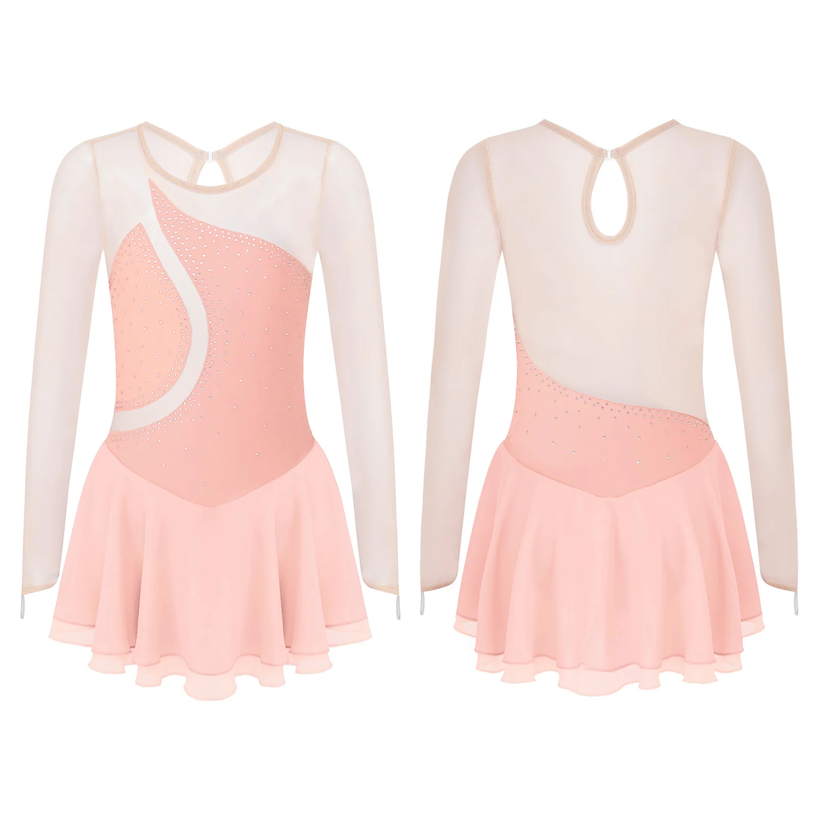 thumbnail image 1 of Vestido de disfraz de patinaje sobre hielo para niñas, ropa de baile de Ballet, vestido de leotardo elegante con diamantes de imitación, vestidos de manga larga con espalda hueca, 1 of 5