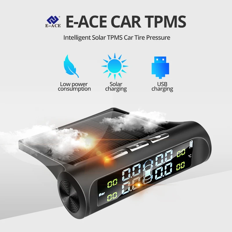 E-ACE Solar Power Smart TPMS Car 4 Sensors Tire Pressure Alarm Monitor System Auto Security Alarm Systems Tyre Pressure Warning