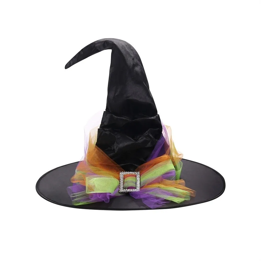 Portable Folds Halloween Witch Hat Satins Gothic Queen Mesh Bow Witch Hat Baroque Cosplay Photo Props Wizard Cap Parties