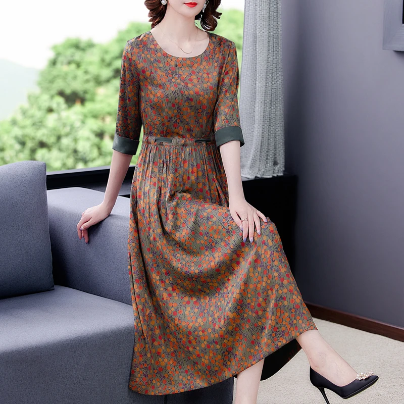 

2023 New Fashion Silk Printed Dress Women's Summer Vintage Round Neck 3/4 Sleeve Loose Fit Casual Holiday Dress Vestidos