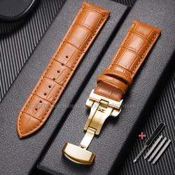 Premium Waterproof Cowhide Leather Watch Strap with Metal Butterfly Buckle - 17mm (LightBrown - Gold)