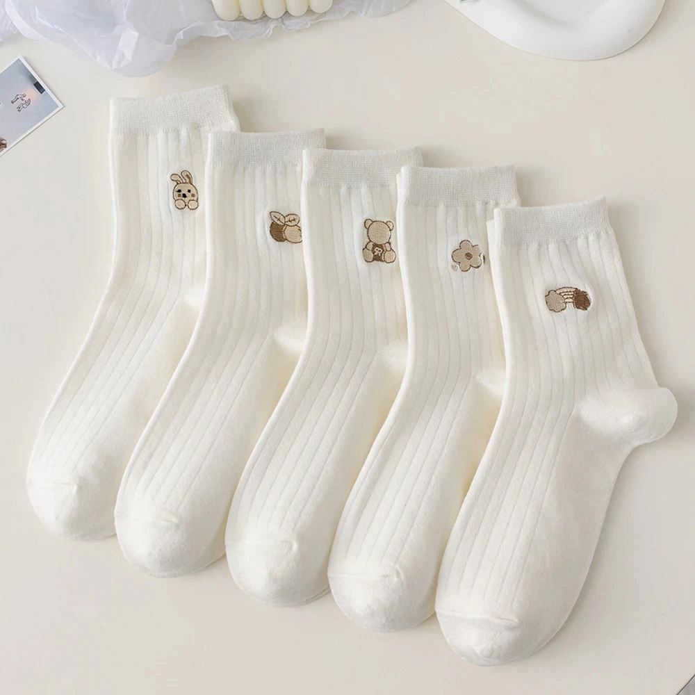 Round neck socks 5 Pairs Women's Round Neck Socks Autumn Winter Cute Cartoon Breathable Fashion Soft Medium Tube Aocks