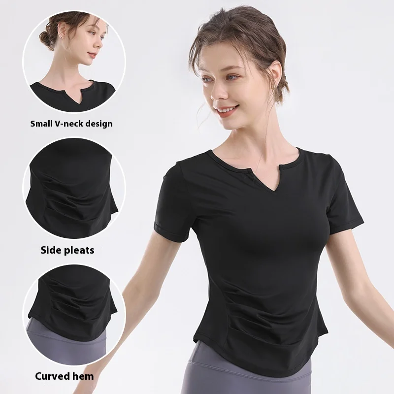 

Yoga Clothing Women Running Exercise Top Side Pleated Visual Skinny Short Sleeve t-shirt Quick Dry Breathable Fitness Clothing