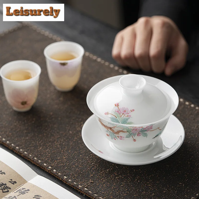 135ml White Jade Clay Gaiwan Ancient Hand-painted Flower Anti-scald Tea Tureen Tea Maker Cover Bowl Drinkware Supplies Ornaments