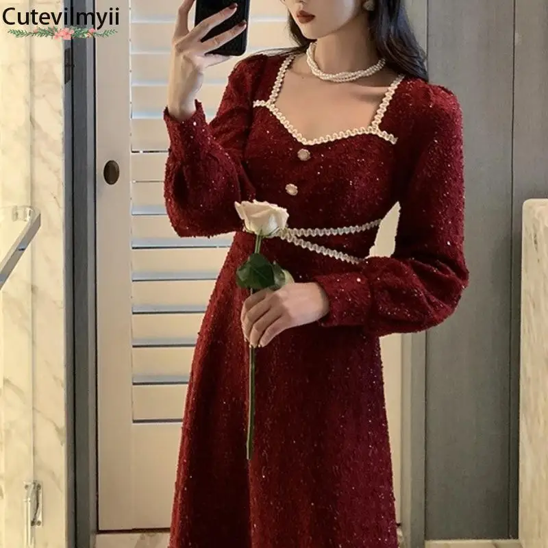

Bling Korean Fashion Vintage Midi Dress Women Casual Long Sleeve Elegant 2022 Winter Evening Party Dress Office Lady Clothes