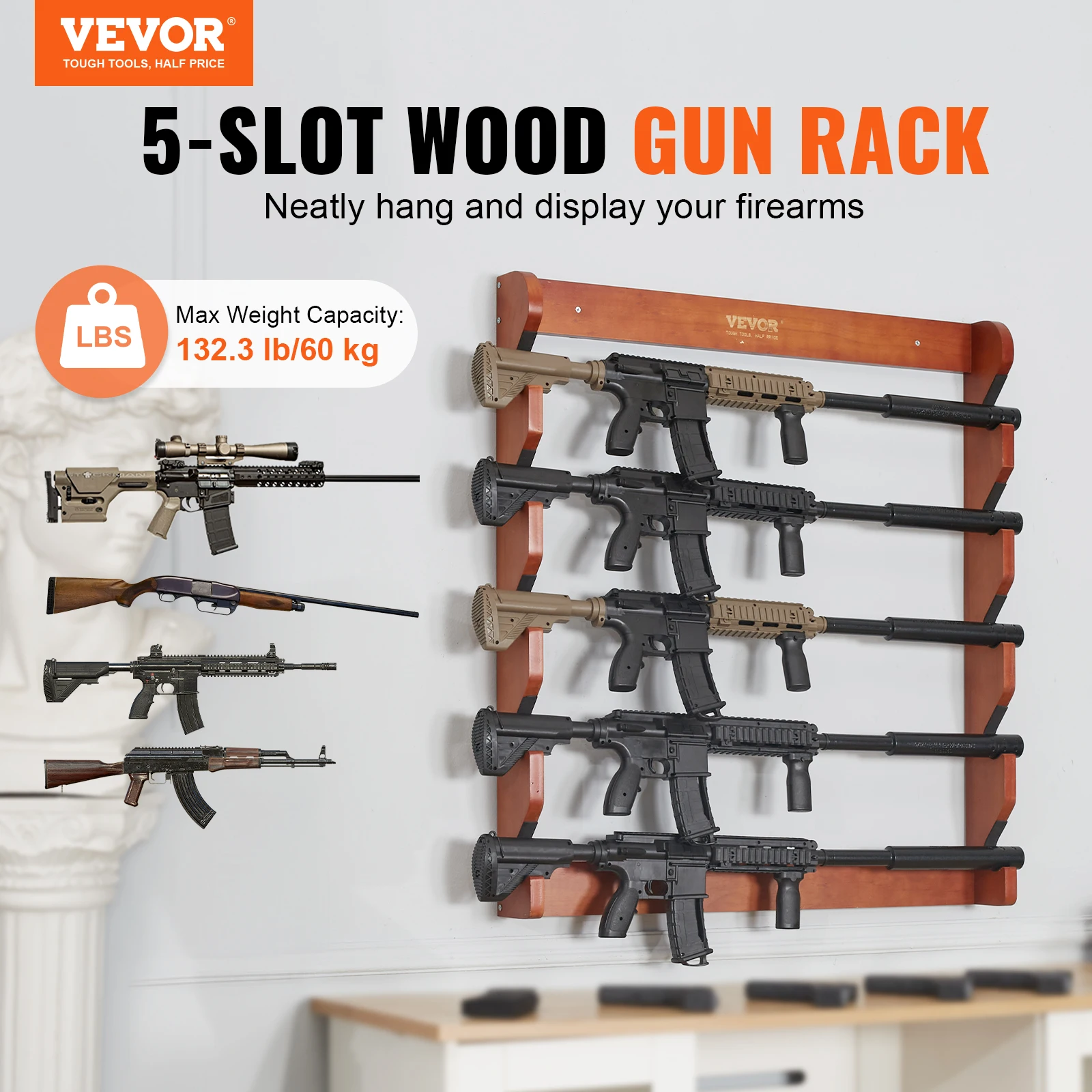 VEVOR Gun Rack Wood Gun Rack Wall Mount Gun Display Rack holds 4/5 Rifles Shotguns 132 lbs Heavy Duty Rifle Rack w/ Soft Padding