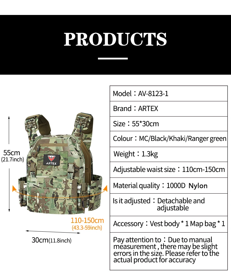 밀리터리 베스트 ARTEX 경량 퀵 릴리즈 전투 플레이트 캐리어 1000D 나일론 몰리 찰레코 타티코 전술 조끼 블랙
