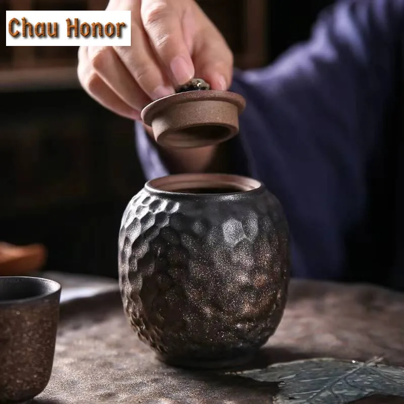 Japanese Gilded Iron Glaze Tea Caddy Household Dried Fruit Round Sealed Pot Ceramic Kung Fu Tea Set Accessories Customized Gift
