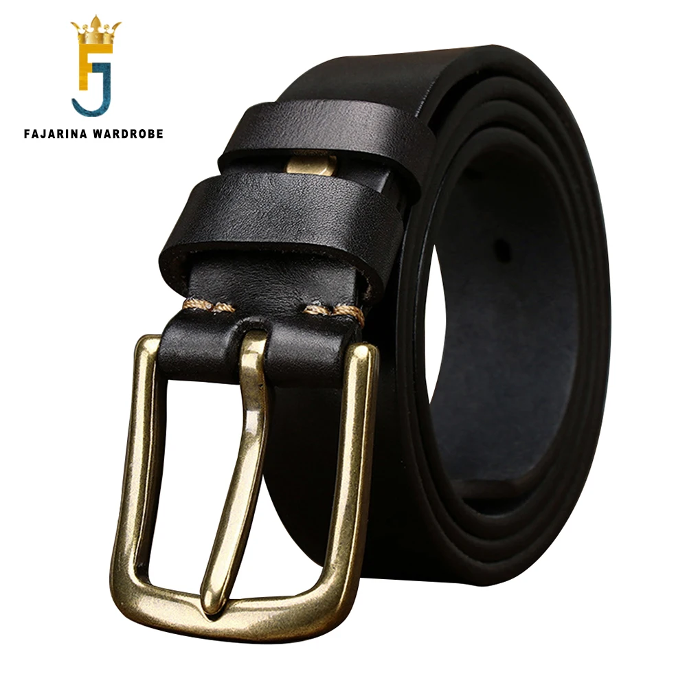 

FAJARINA New Mens Cowhide Leather Top Layer Cowskin Jeans Belt Copper Buckle Male Thickened Pure Belts 10 Years Use N17FJ1214