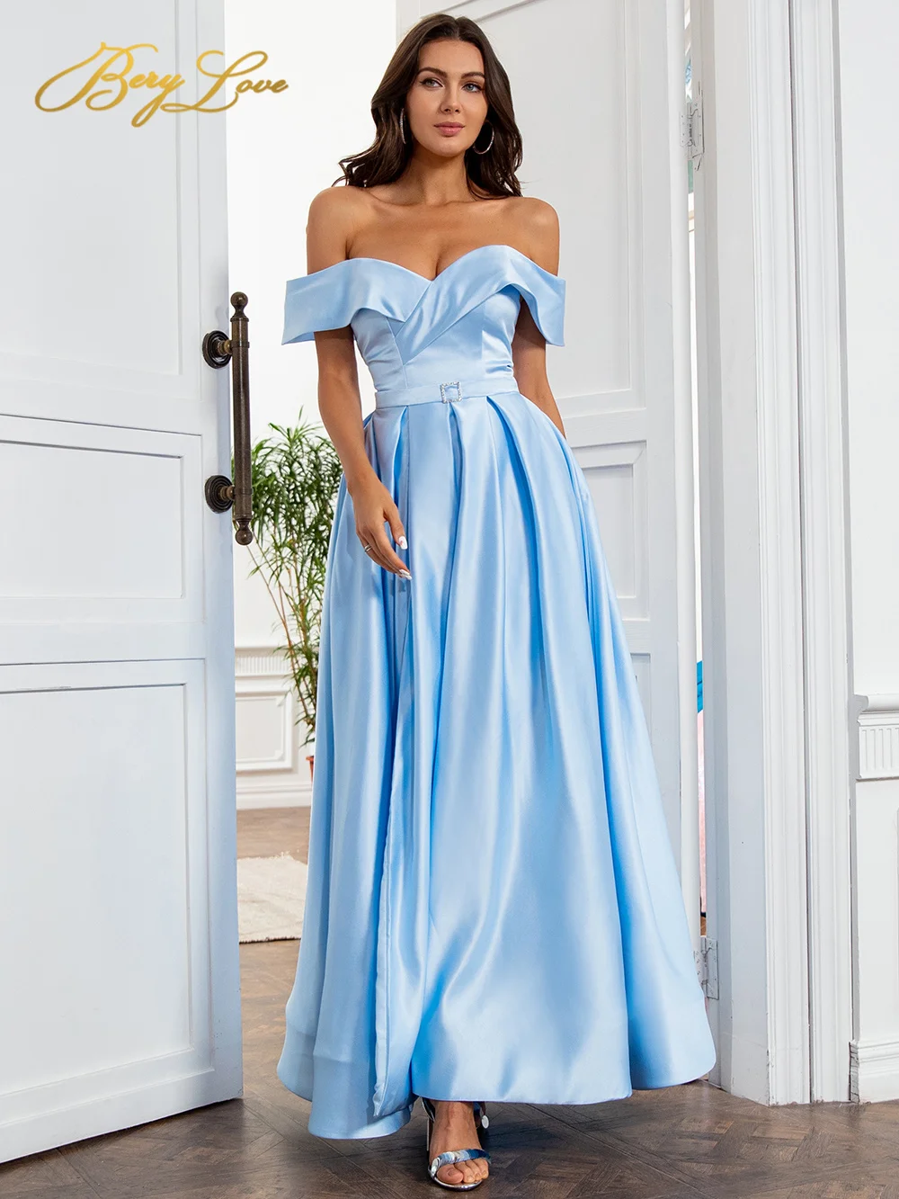 Off Shoulder Satin Evening Dresses Long Sexy High Slit Evening Gown Elegant High Waist Prom Dress Robe De Soiree