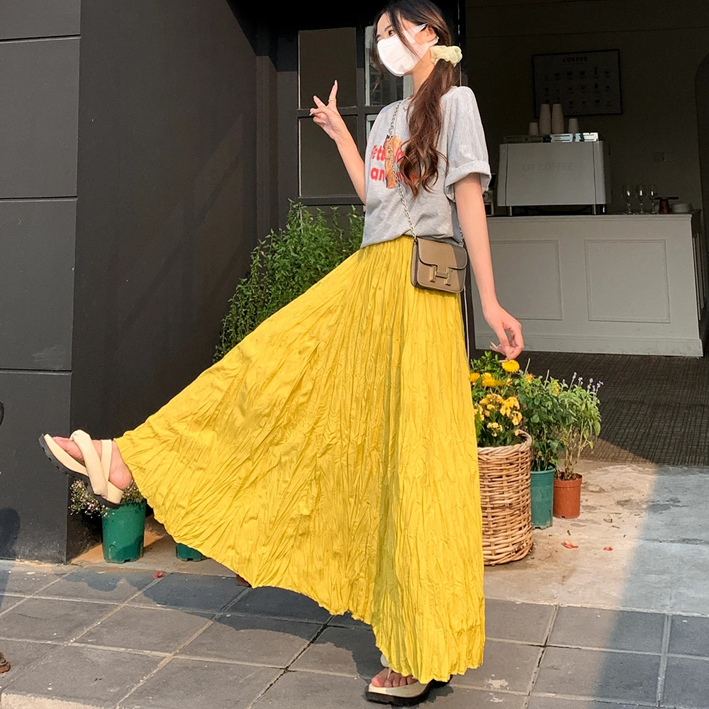 

2024 New Kawaii Folds High Waist Large Swing A-line Long Skirts Women Spring Summer Autumn Lady Girls' Cute Pleated Casual Skirt