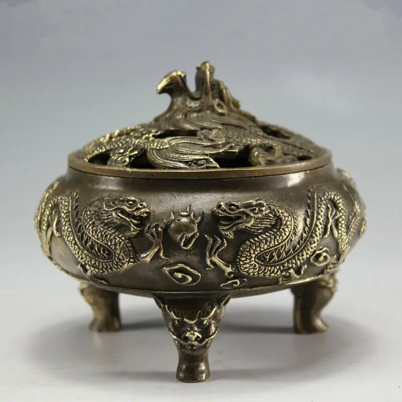 

Chinese Handwork Copper Carved Dragon Play Bead Incense Burner Statue