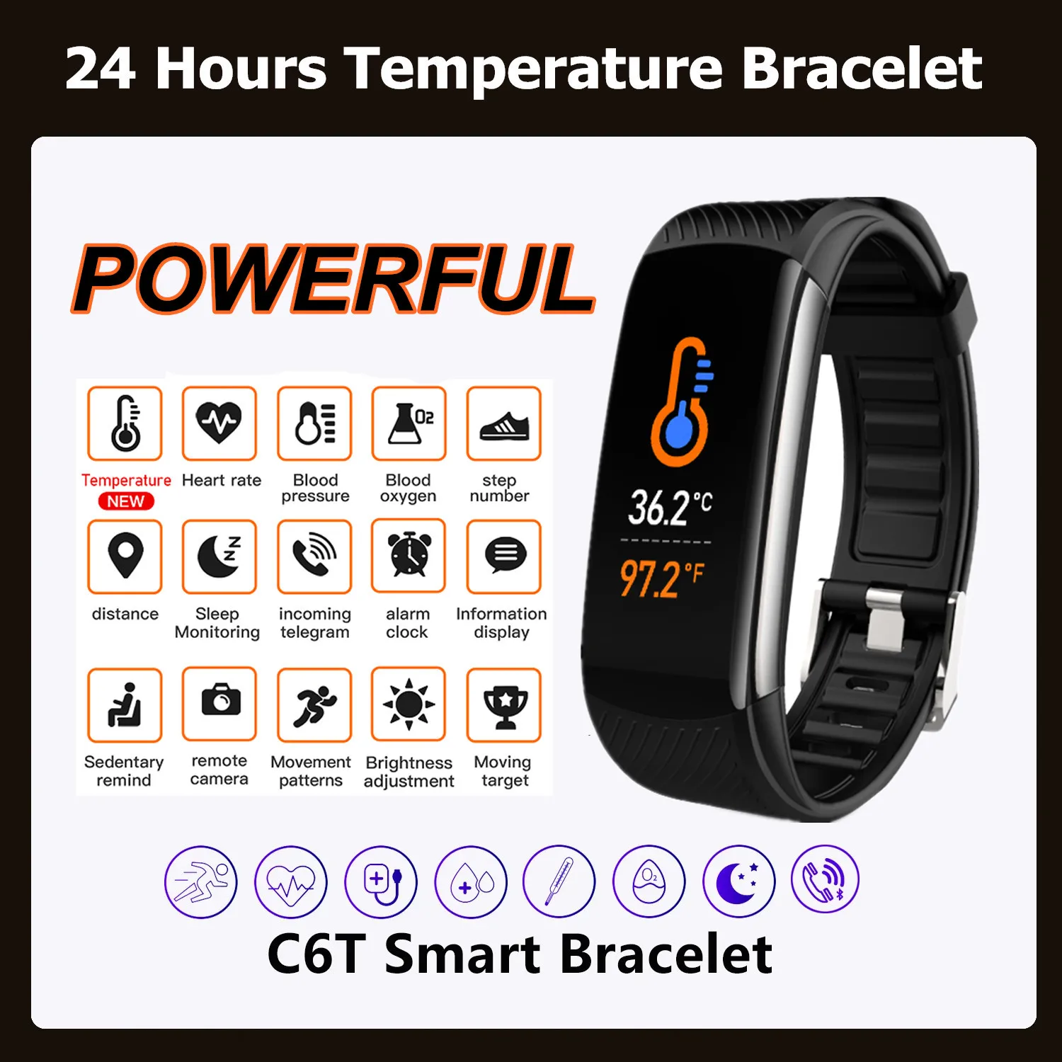 Aigo 스마트 팔찌 스포츠 시계 밴드, 24 시간 실제 체온 모니터링, C6T 동적 심박수 혈압 방수 