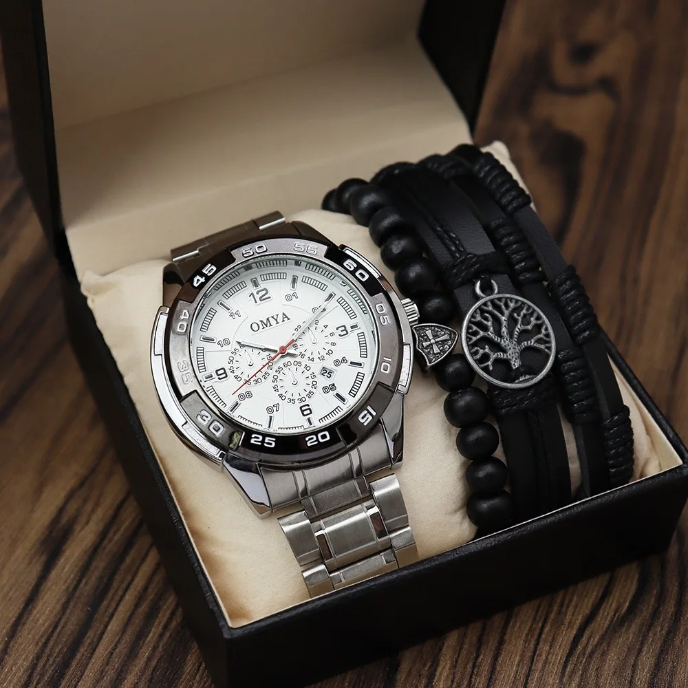 Fashion Mens Watches Set Luxury Men Business Stainless Steel Quartz Wrist Watch  Men's Bracelets 4pcs relogio masculino With Box