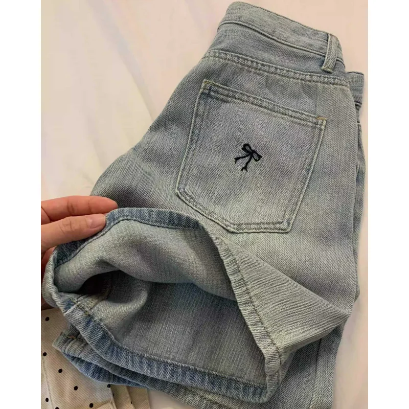 

NEW Blue A-line Pants Women's Shorts Jeans Straight Pants Streetwear Harajuku Y2K Female Wide Leg Denim Five Points Trouser