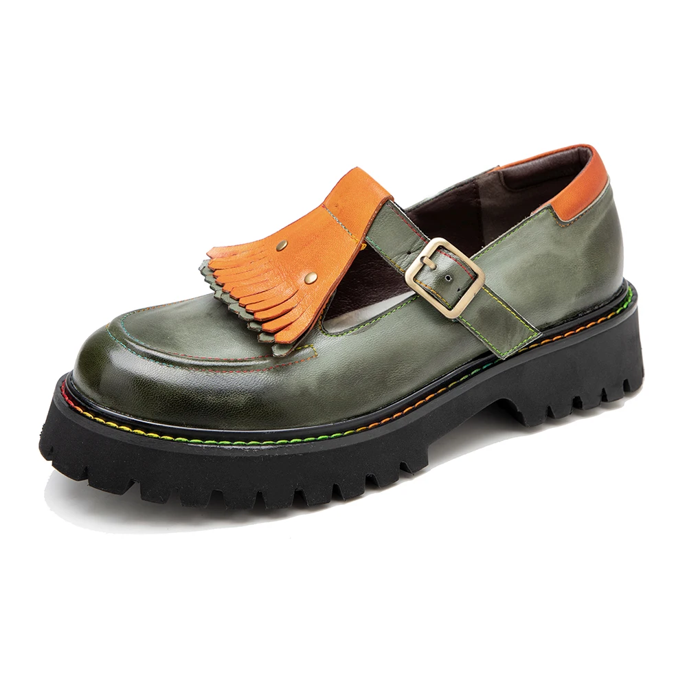 

Hand-Painted Tassels Retro Platform Pumps Women Loafers Shoes Genuine Leather Women's Thick Heels Oxfords Shoes Buckle Creepers