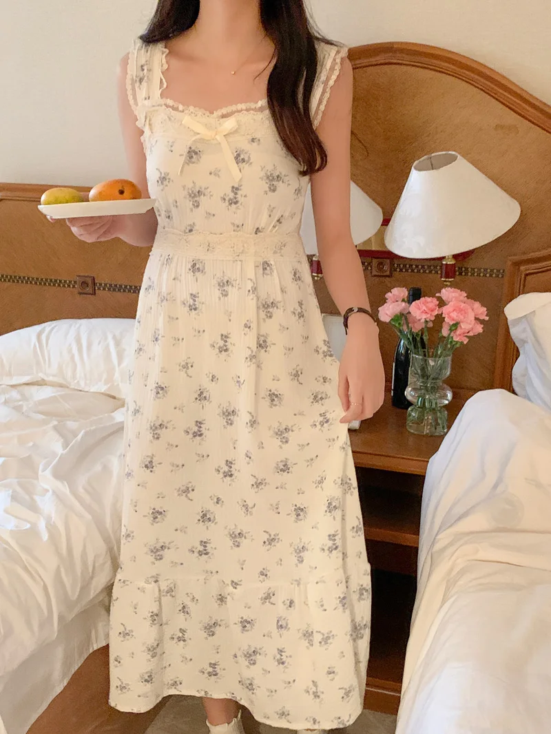 Strapless Sling Summer Night Dress Women Sexy Lace Crochet Long Nightgown Soft Cotton Sleepwear Elegant Kawaii Flowers Print