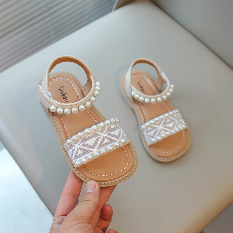 Girls Sandals Kids Summer Shoes Children's Beach Sandals with Pearls Princess Sweet Anti-slippery Open Toes Lace Chic Beading