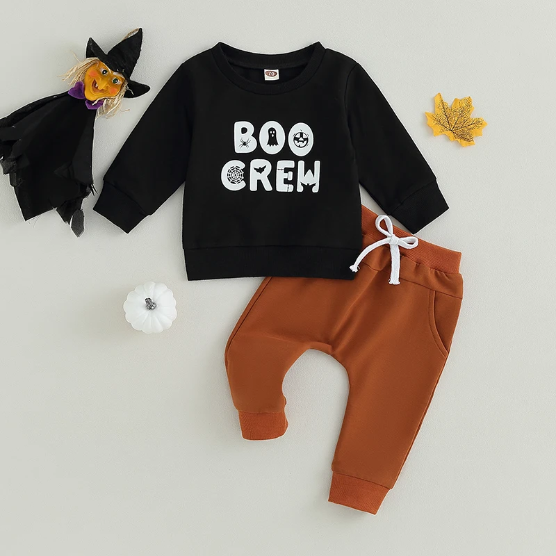 Infant Baby Boy Halloween Outfits Casual Long Sleeve Cartoon Letter Print Sweatshirt Pants Set Toddler Fall 2pcs Clothes Sets