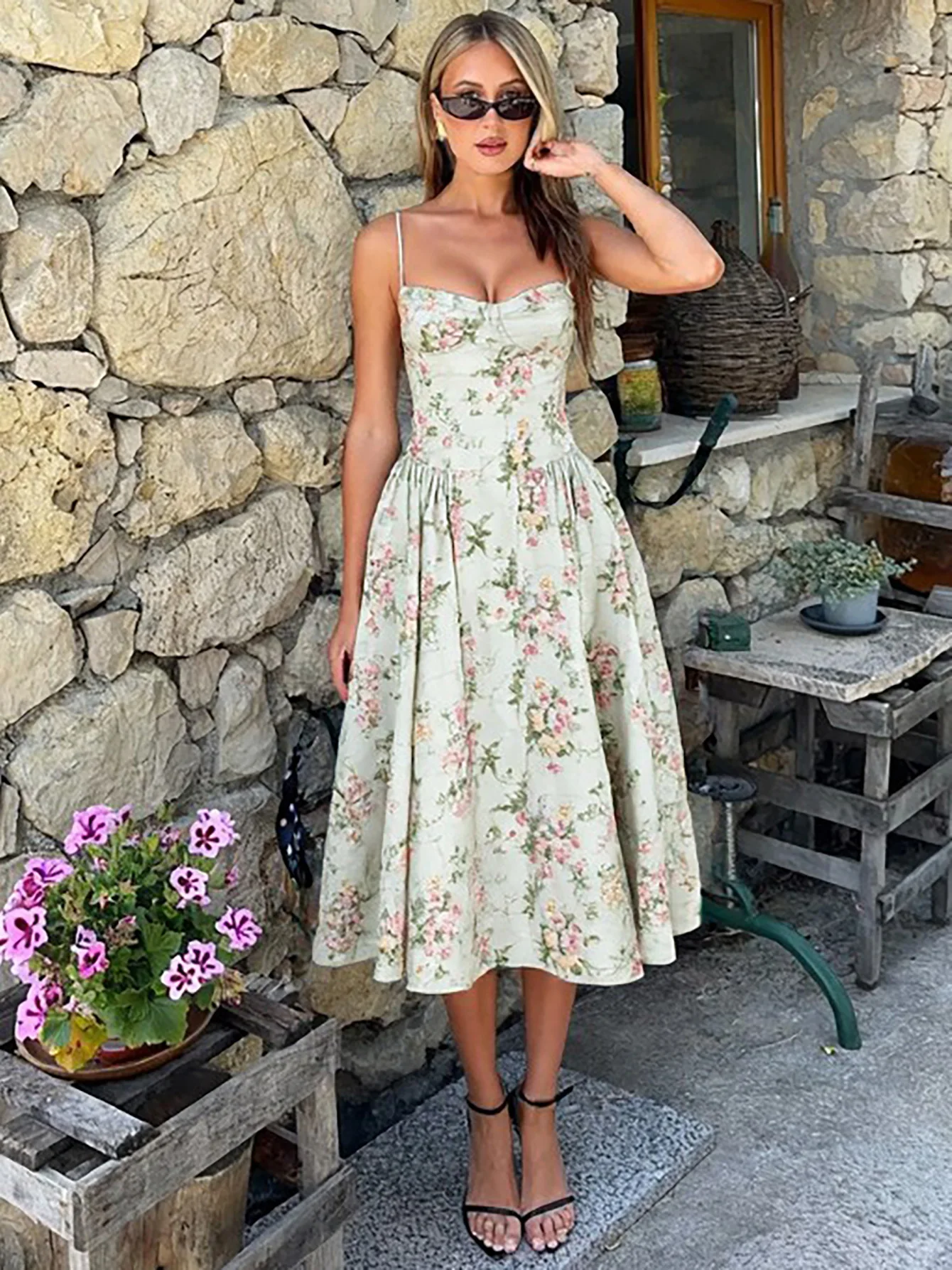 Vintage Floral Midi Dress Women's High Waist A-Line Sundress Green Dresses  Summer Female 2025 Wedding Guest New White Evening - AliExpress