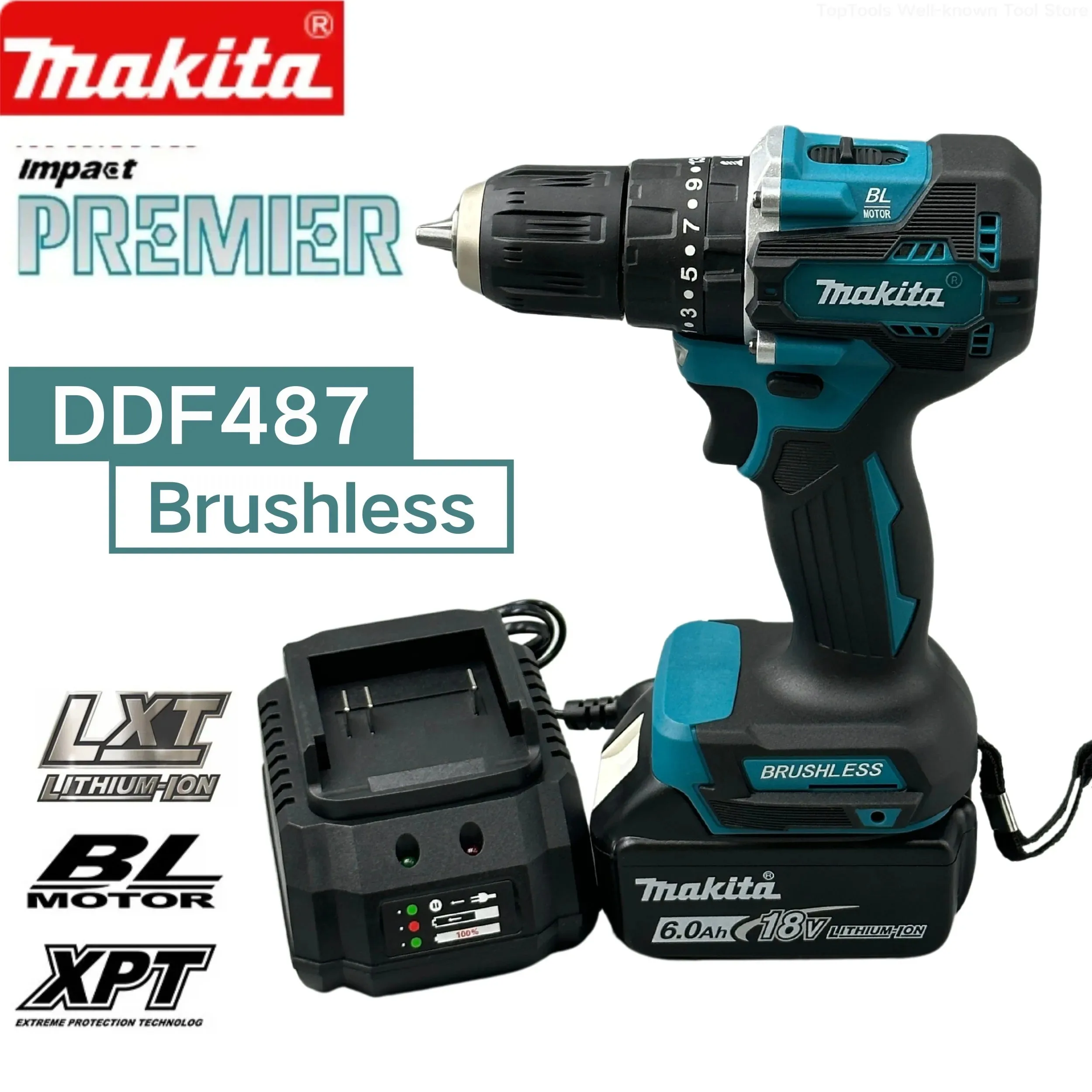 Makita DDF487 Screwdriver Cordless Percussion Drill 18V Electric Variable Speed Brushless Motor Impact Power Tools Power Drill electric drill