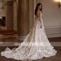 Customized A-Line Romantic Wedding Dresses V-Neck Sleeveless Vestido De Novia Lace Appliques 3D Flowers Classic Robe De Mariee 2
